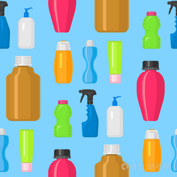 瓶媒家用化学品用品清洁家务塑料洗涤剂液体国产液体瓶清洁包装无缝图案背景插图